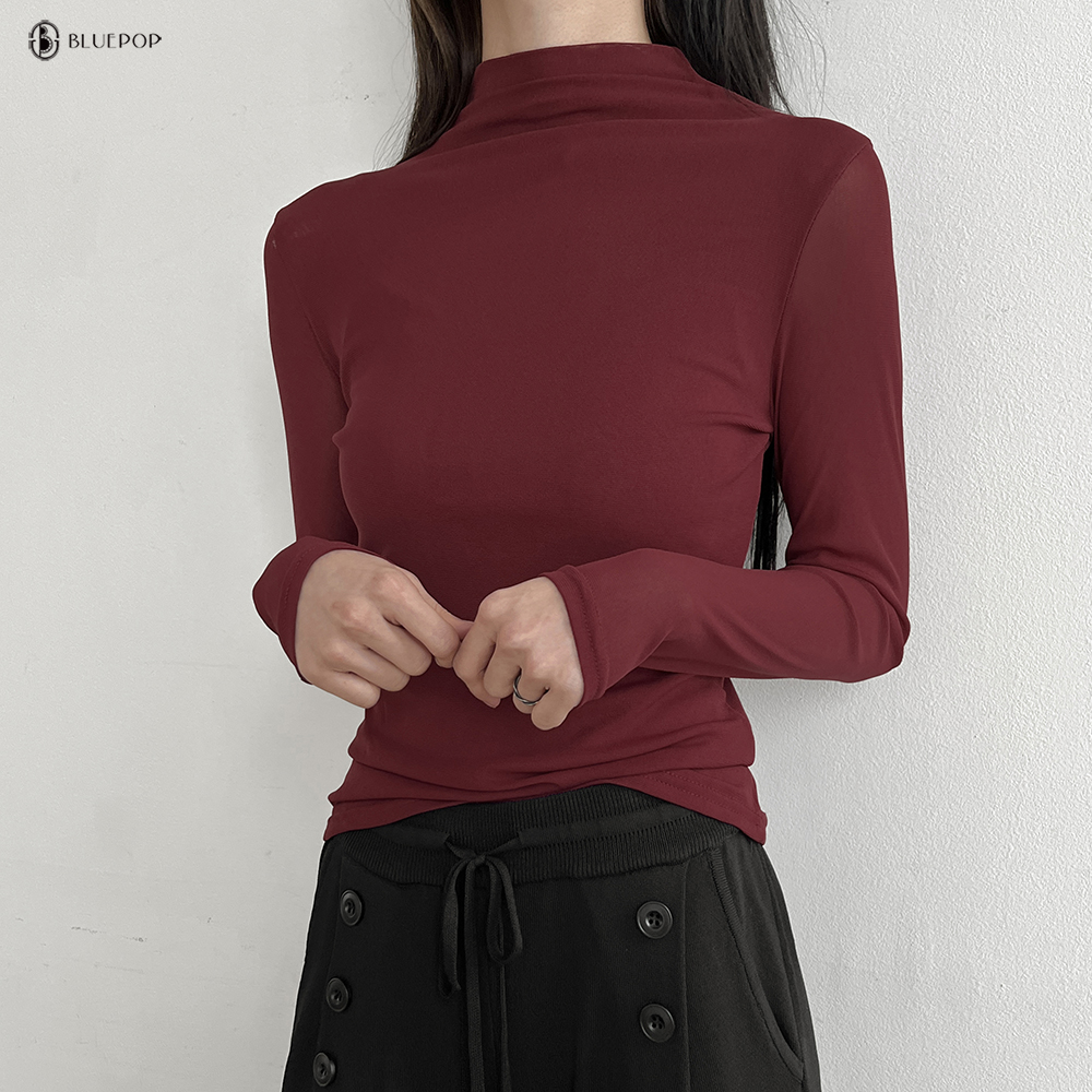 「12color」여리핏 보들 스판 슬림라인 두겹 시스루 반목 폴라 긴팔 티 화이트 - 상세 이미지 2