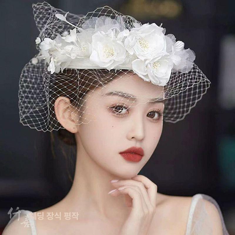 웨딩모자 신부 모자 헤어 사진 베일 깃털 액세서리 복고풍 촬영 우아한 화이트 꽃 망사 미니 모자 S 54-56cm - 상세 이미지 2