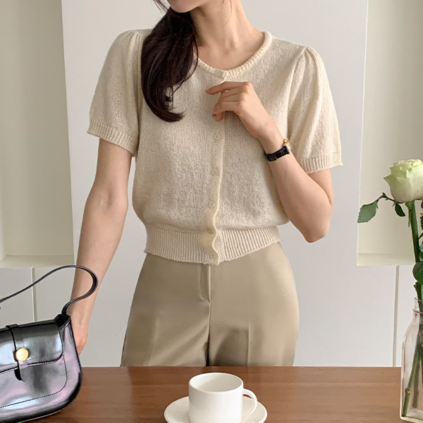 라운드넥 퍼프 반팔 니트 가디건 cd3445