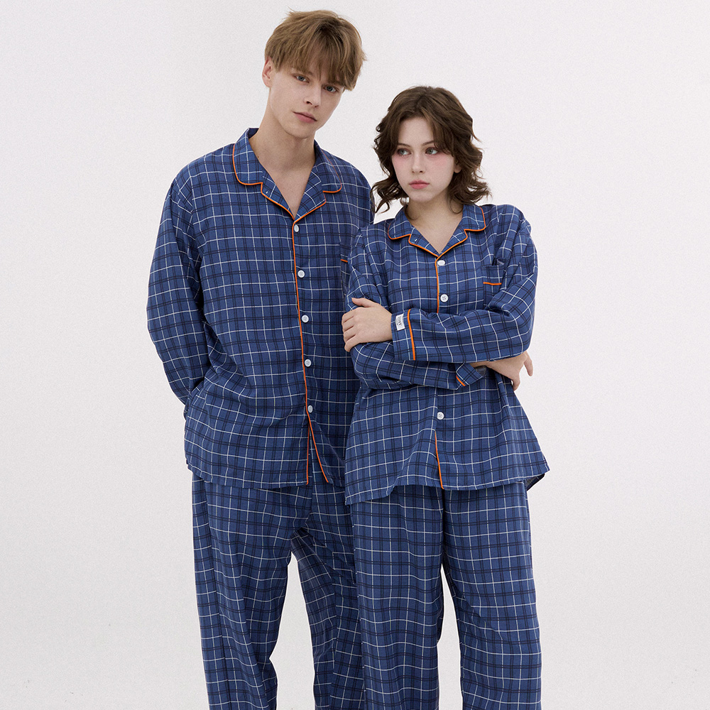 [도씨] 코튼라이크 블루먼 긴팔 카라 커플 잠옷 세트 홈웨어 상세 이미지 3