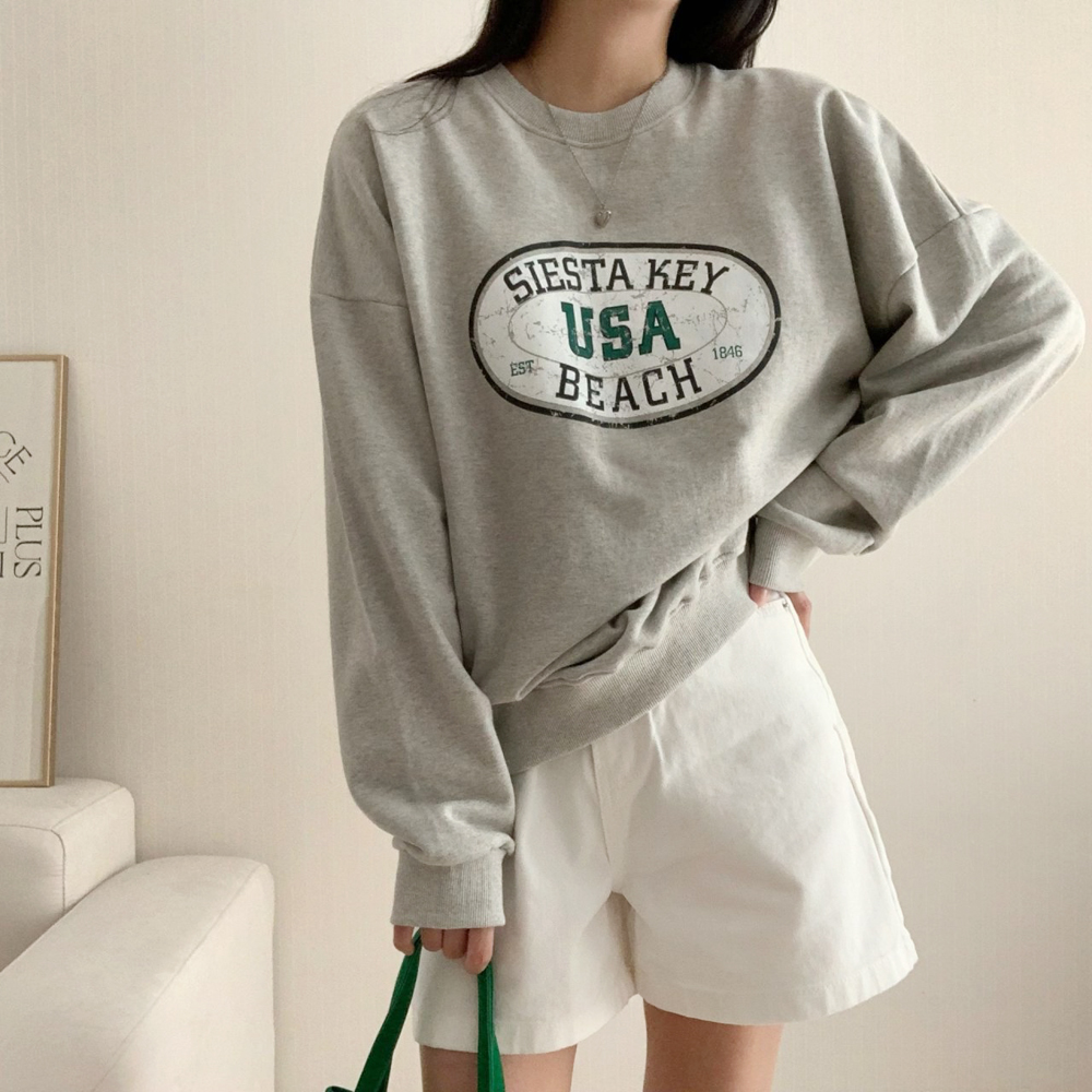 오버핏 빈티지 비치 프린팅 레터링 티셔츠 여성 맨투맨 박스티 여자 가을 티셔츠 코튼 - 상품 이미지