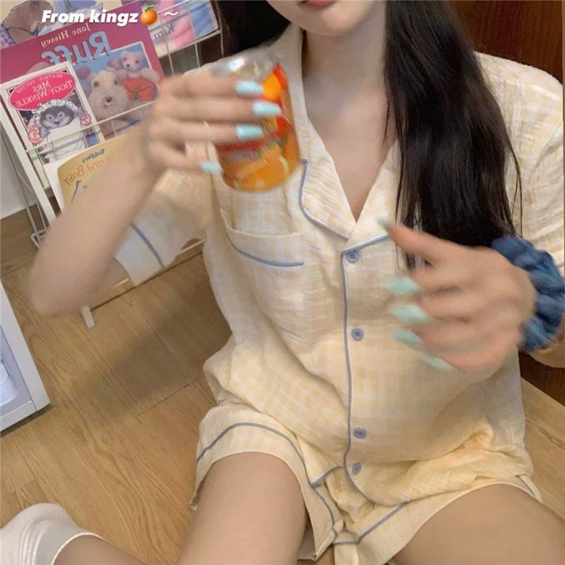 여름 잠옷 반바지 반팔 여름잠옷 커플잠옷 긴바지 세트 노란체크세트반팔반바지면직물실크원단 M - 상세 이미지 3