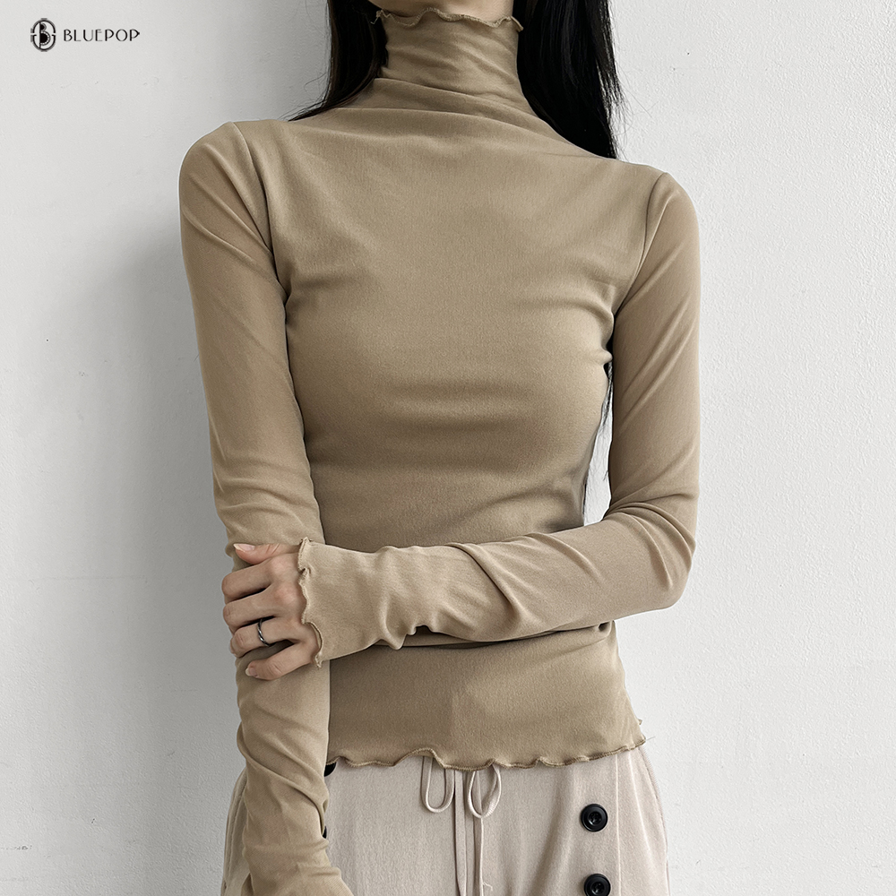 [8color]여리핏 보들 스판 슬림라인 두겹 시스루 롱슬리브 하이넥 물결폴라 목티 - 상세 이미지 5