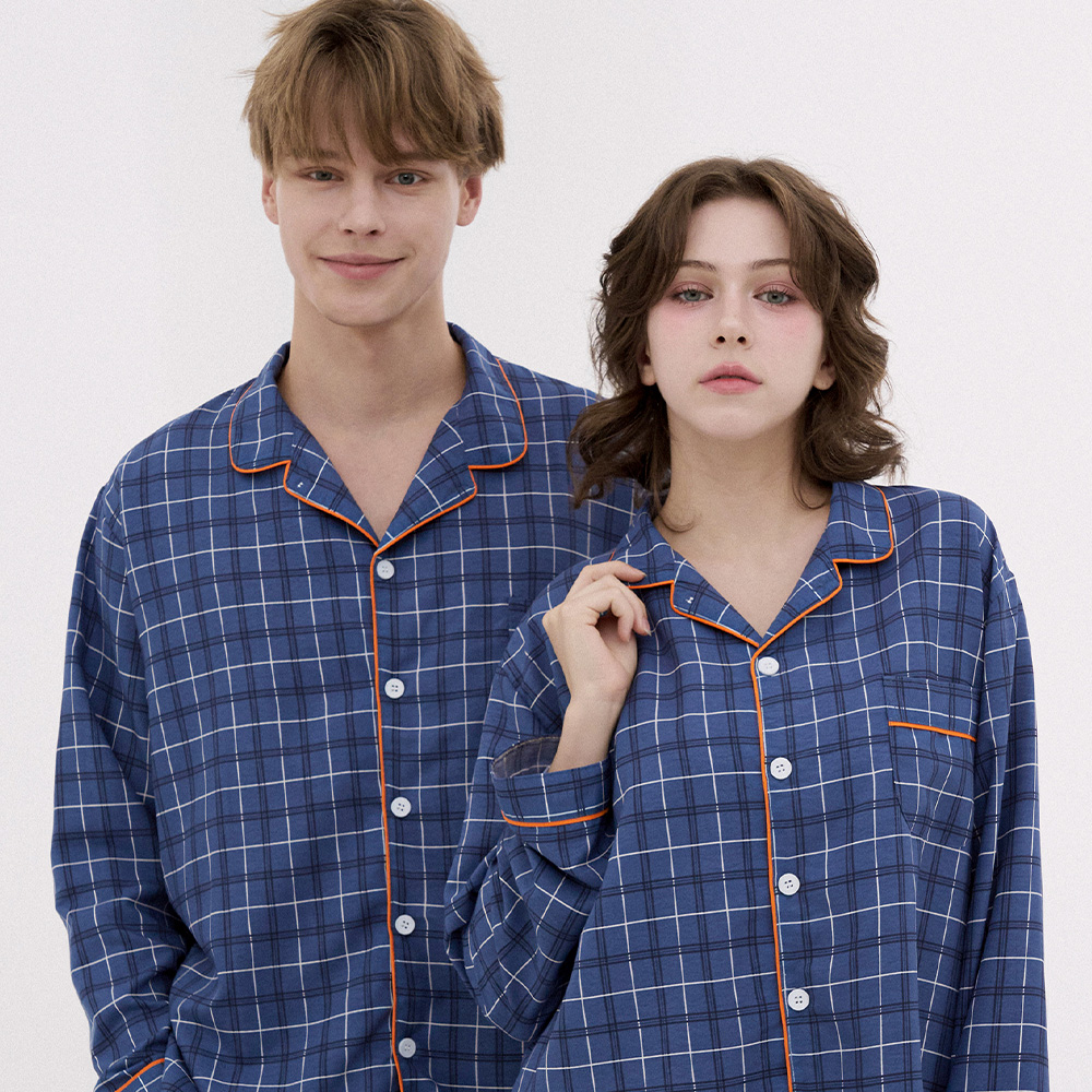 [도씨] 코튼라이크 블루먼 긴팔 카라 커플 잠옷 세트 홈웨어 상세 이미지 4