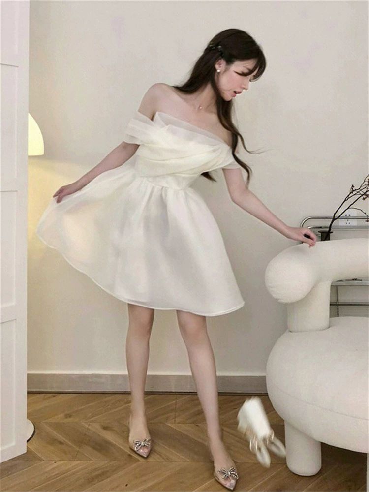 미니웨딩드레스 탑 쉬폰 스냅 피로연 오프숄더 튜브 스냅사진 스몰웨딩 베이지화이트 S - 상세 이미지 5