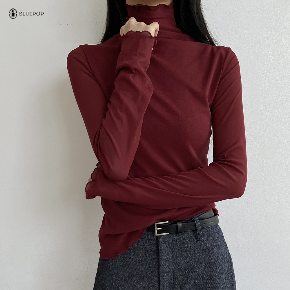 [8color]여리핏 보들 스판 슬림라인 두겹 시스루 롱슬리브 하이넥 물결폴라 목티 - 상세 이미지 4