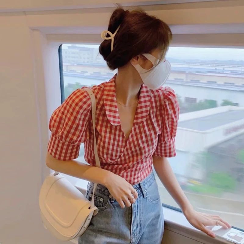 레드체크 와이셔츠 앤티크 셔츠 앤틱 반팔 여성 봄여름 여행룩 레드화이트체크 S - 상세 이미지 2