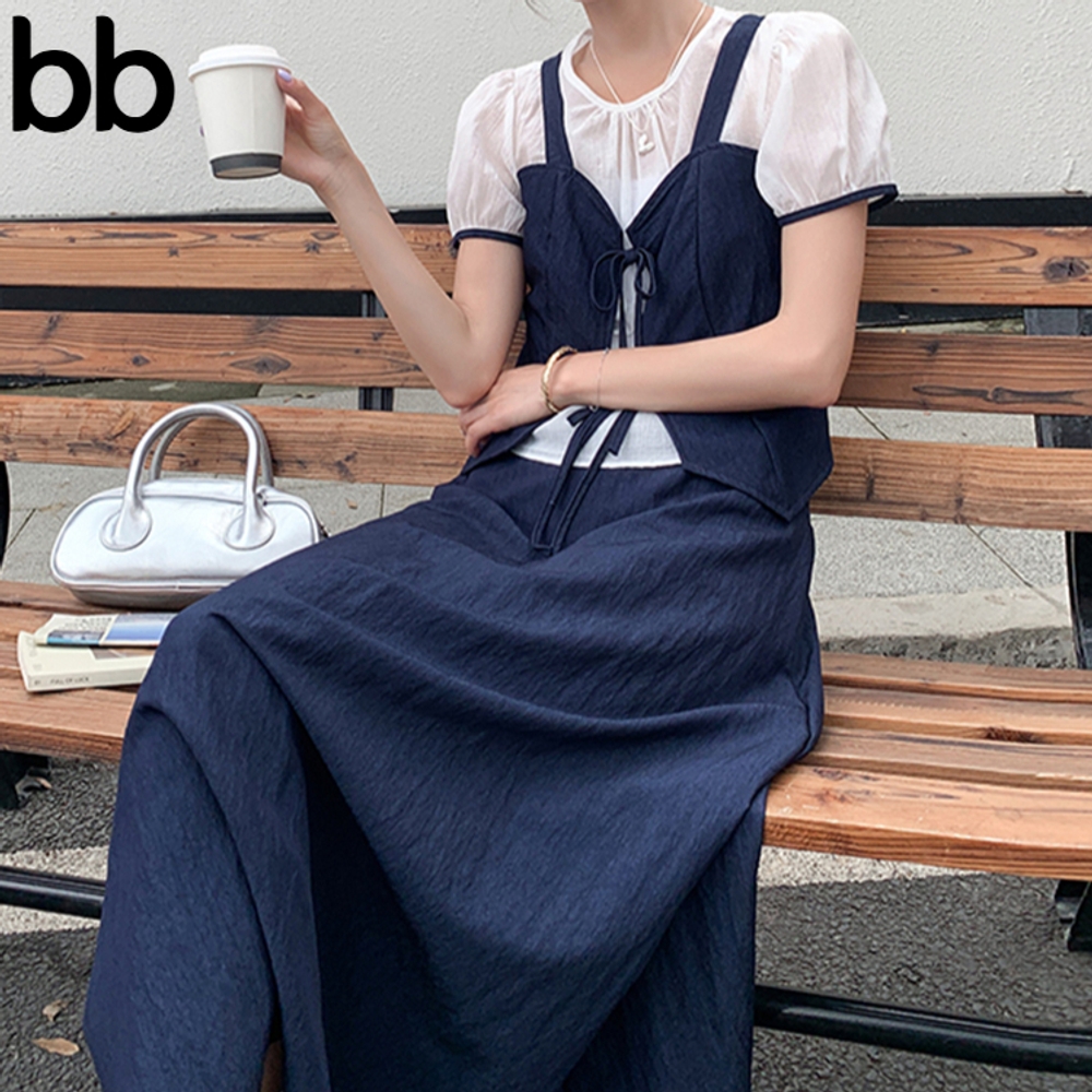뷔스티에세트 여성 블라우스 롱스커트 라운드넥 여리 가을 레이어드 퍼프 반팔 네이비 S - 상세 이미지 3