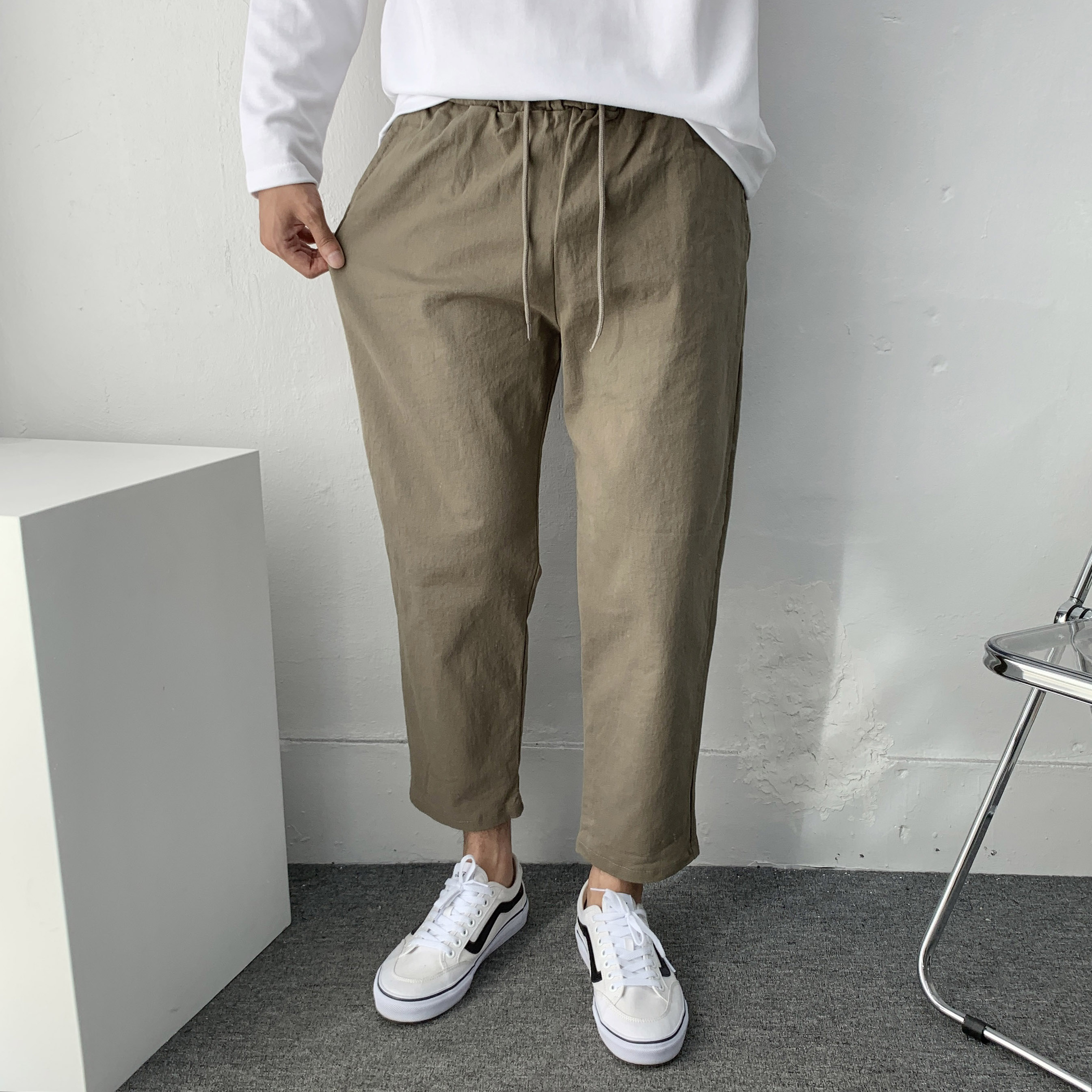 남자 면 스판 9부 크롭 세미와이드 밴딩팬츠(28~38사이즈까지) 제품 이미지