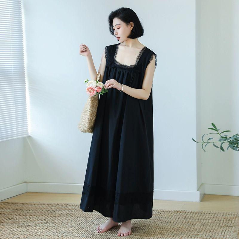 면원피스 잠옷 냉감 순면 얇은 민소매 여름 원피스잠옷 스퀘어넥 여성 여름원피스 블랙 프리사이즈 추천42.5-70.0kg - 상품 이미지