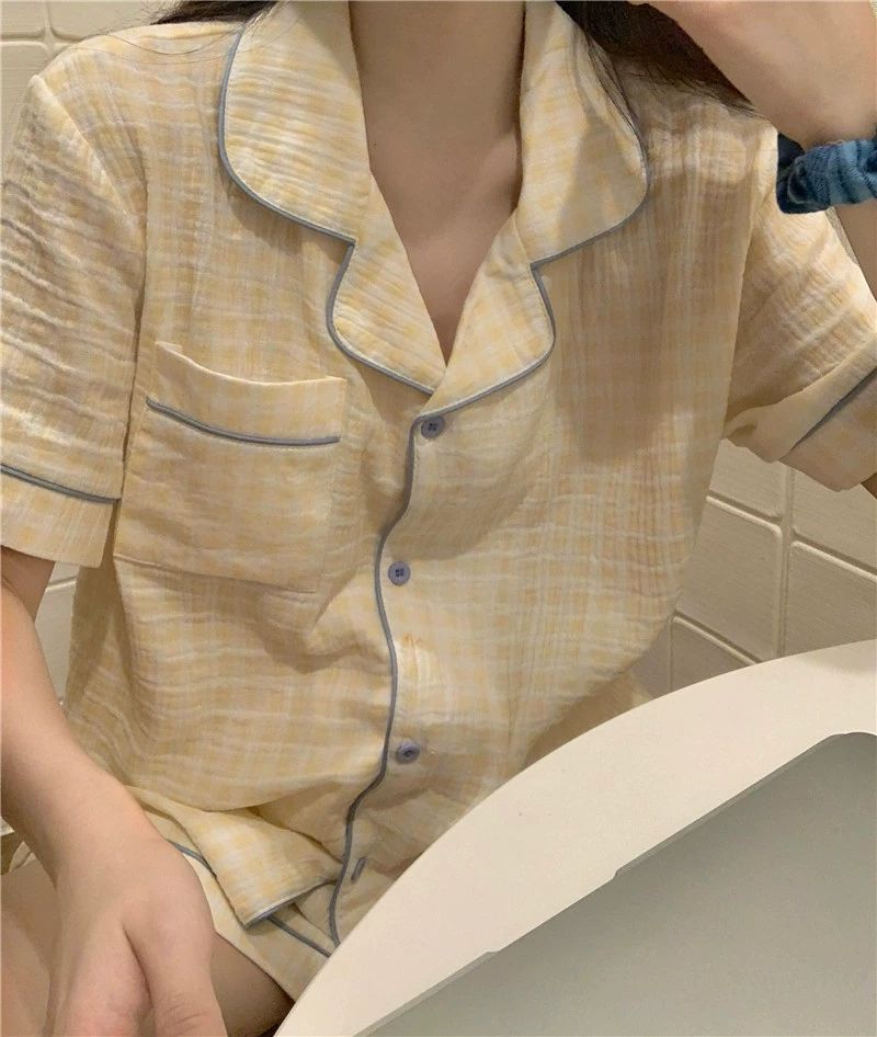 여름 잠옷 반바지 반팔 여름잠옷 커플잠옷 긴바지 세트 노란체크세트반팔반바지면직물실크원단 M - 상세 이미지 2