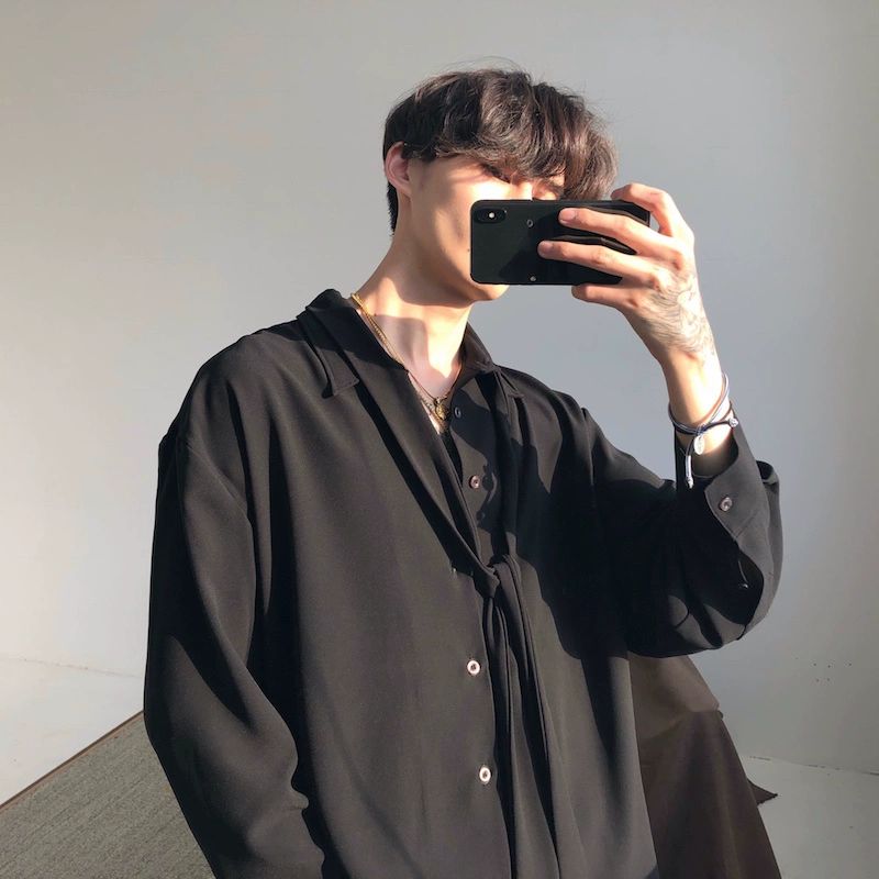 리본 타이 루즈핏 여름 긴팔 셔링 남성 프릴 예쁜 티셔트 브이넥 소매 카키 L - 상세 이미지 3