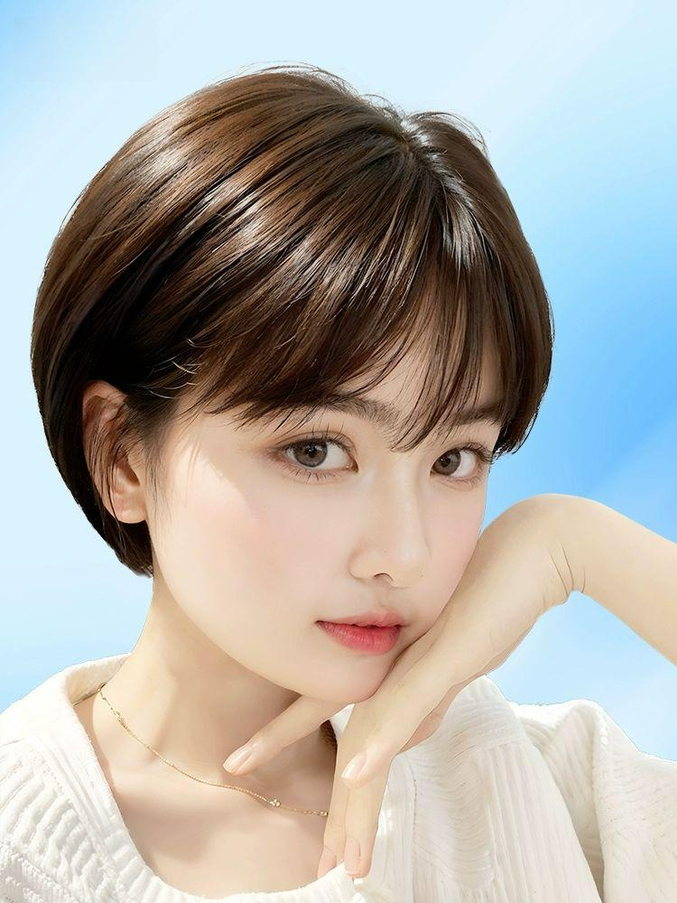 50대 중년여성 인모 짧은 머리 가발 숏커트 항암가발 엄마  소녀 스트레이트 니들 대두피 내추럴블랙 - 상품 이미지