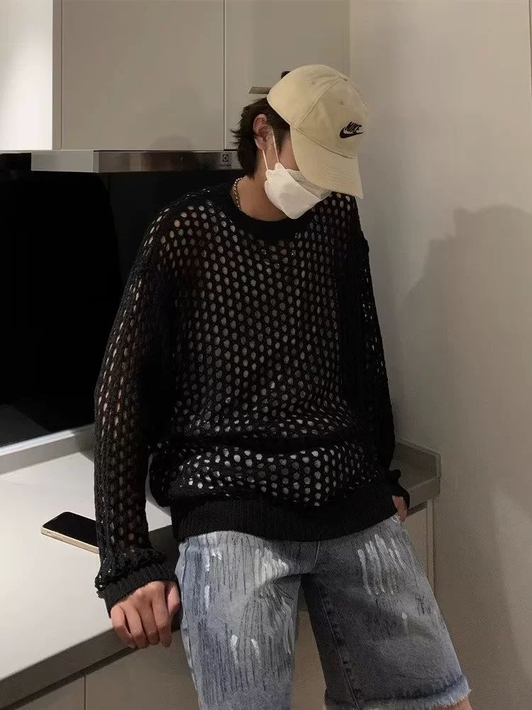 그물 얇은 펀칭 반팔 메쉬 긴팔 민소매 상의 니트가디건 여름니트 가디건 니트티 망사 브이넥 화이트 남녀공용 M - 상세 이미지 2