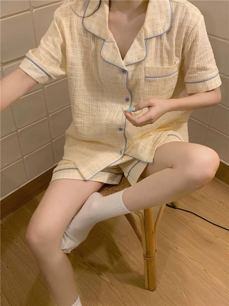 여름 잠옷 반바지 반팔 여름잠옷 커플잠옷 긴바지 세트 노란체크세트반팔반바지면직물실크원단 M - 상세 이미지 5