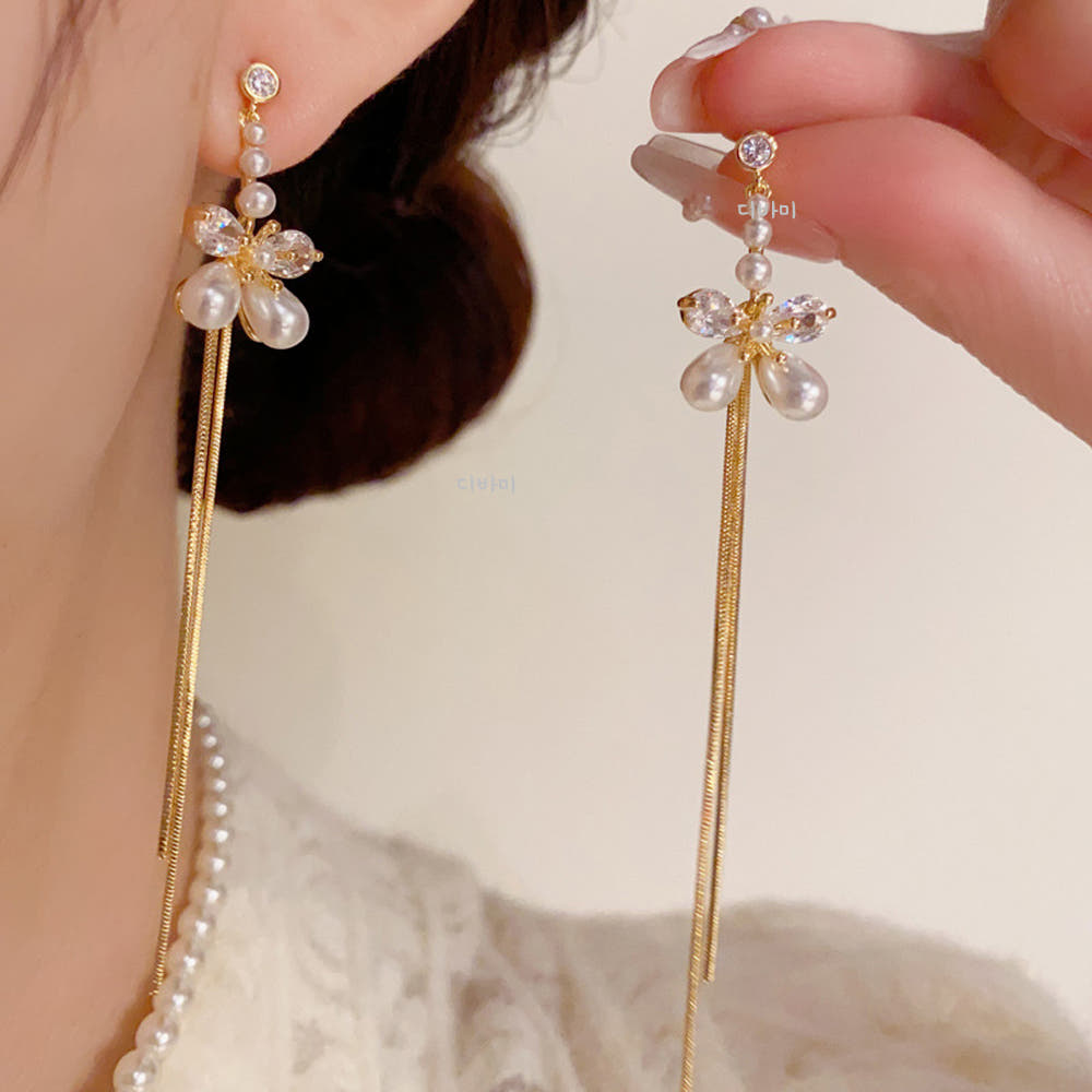 S925 태슬 진주 나비 이어링 은침 큐빅 14K 롱 귀걸이 - 상품 이미지