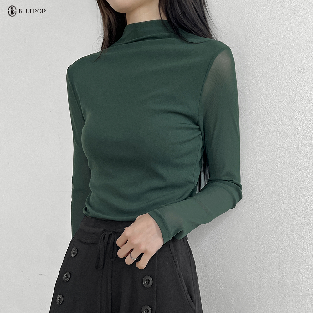 「12color」여리핏 보들 스판 슬림라인 두겹 시스루 반목 폴라 긴팔 티 화이트 - 상세 이미지 5