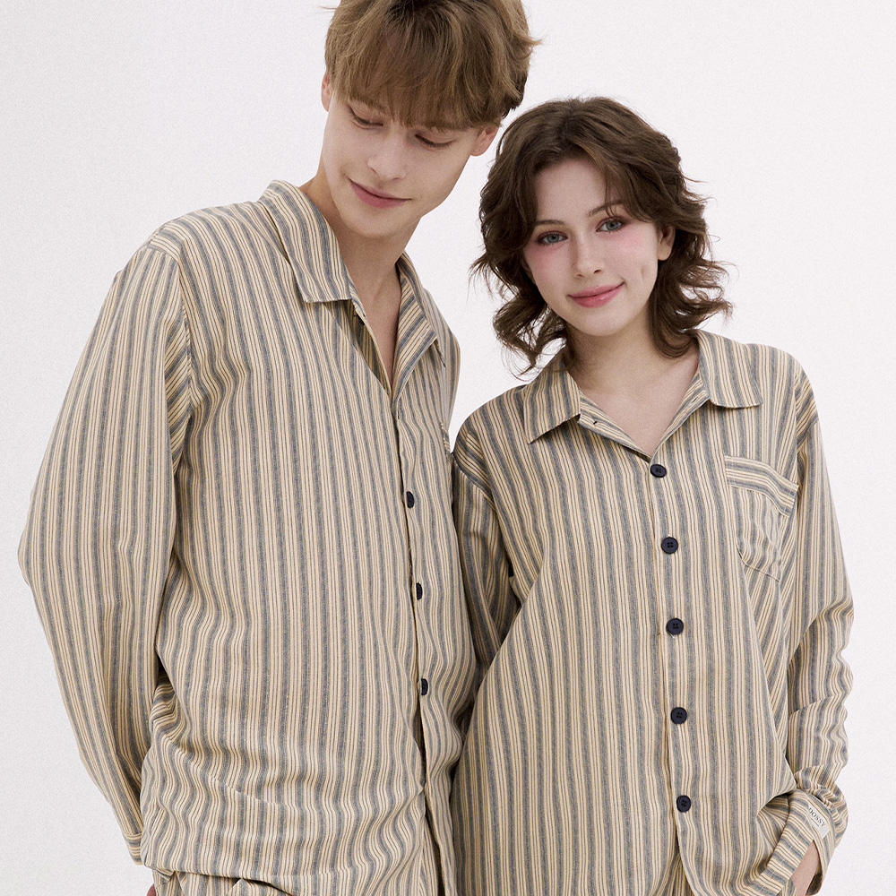 [2PACK]코튼라이크 헤이즐 긴팔 카라 커플 잠옷 세트 홈웨어 - 상세 이미지 2