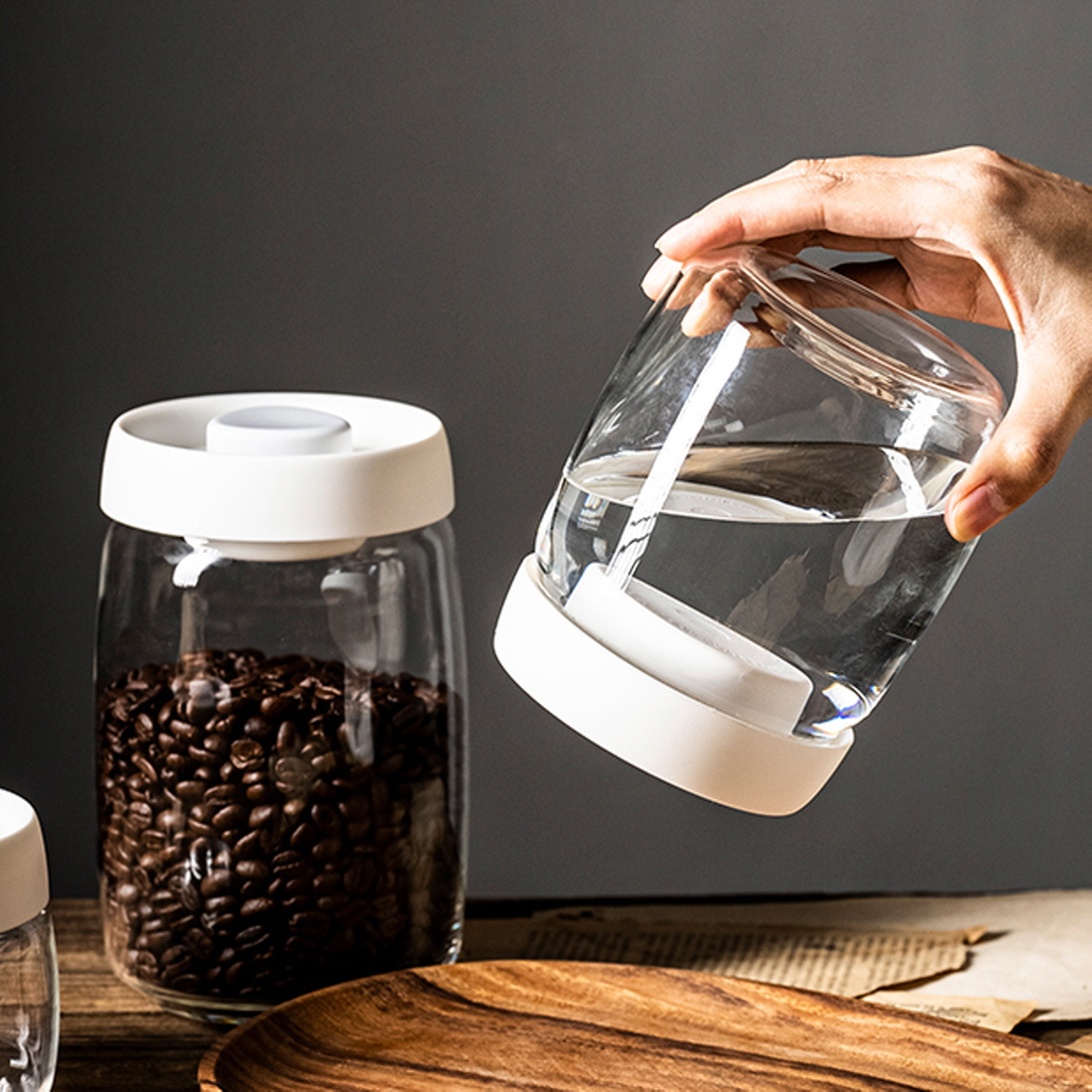 펌핑 진공밀폐 용기 내열유리병 원두보관 커피 캐니스터 캡슐보관 시리얼 통 540ml - 상세 이미지 3