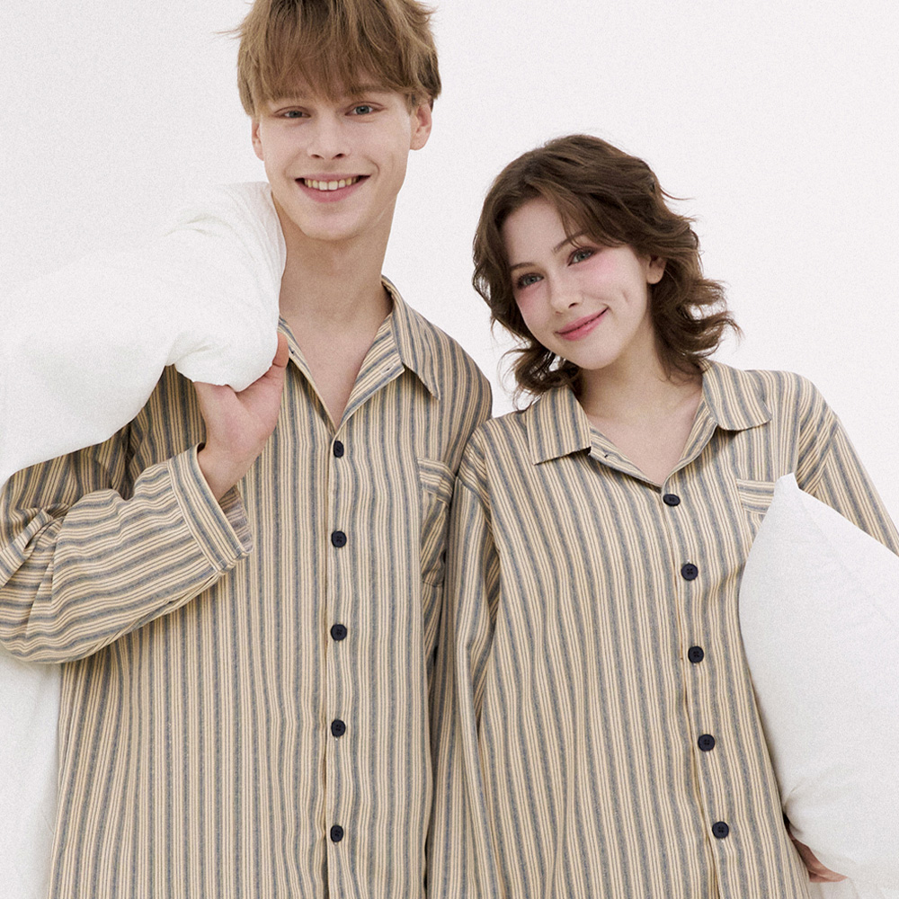 [2PACK]코튼라이크 헤이즐 긴팔 카라 커플 잠옷 세트 홈웨어 - 상세 이미지 5