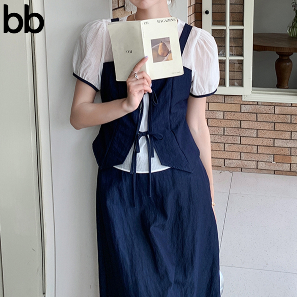 뷔스티에세트 여성 블라우스 롱스커트 라운드넥 여리 가을 레이어드 퍼프 반팔 네이비 S - 상세 이미지 2