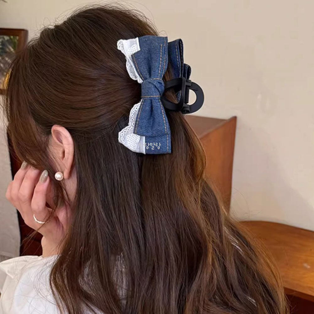 데님 레이스 왕리본핀 예쁜 올림머리 헤어집게삔 - 상세 이미지 2