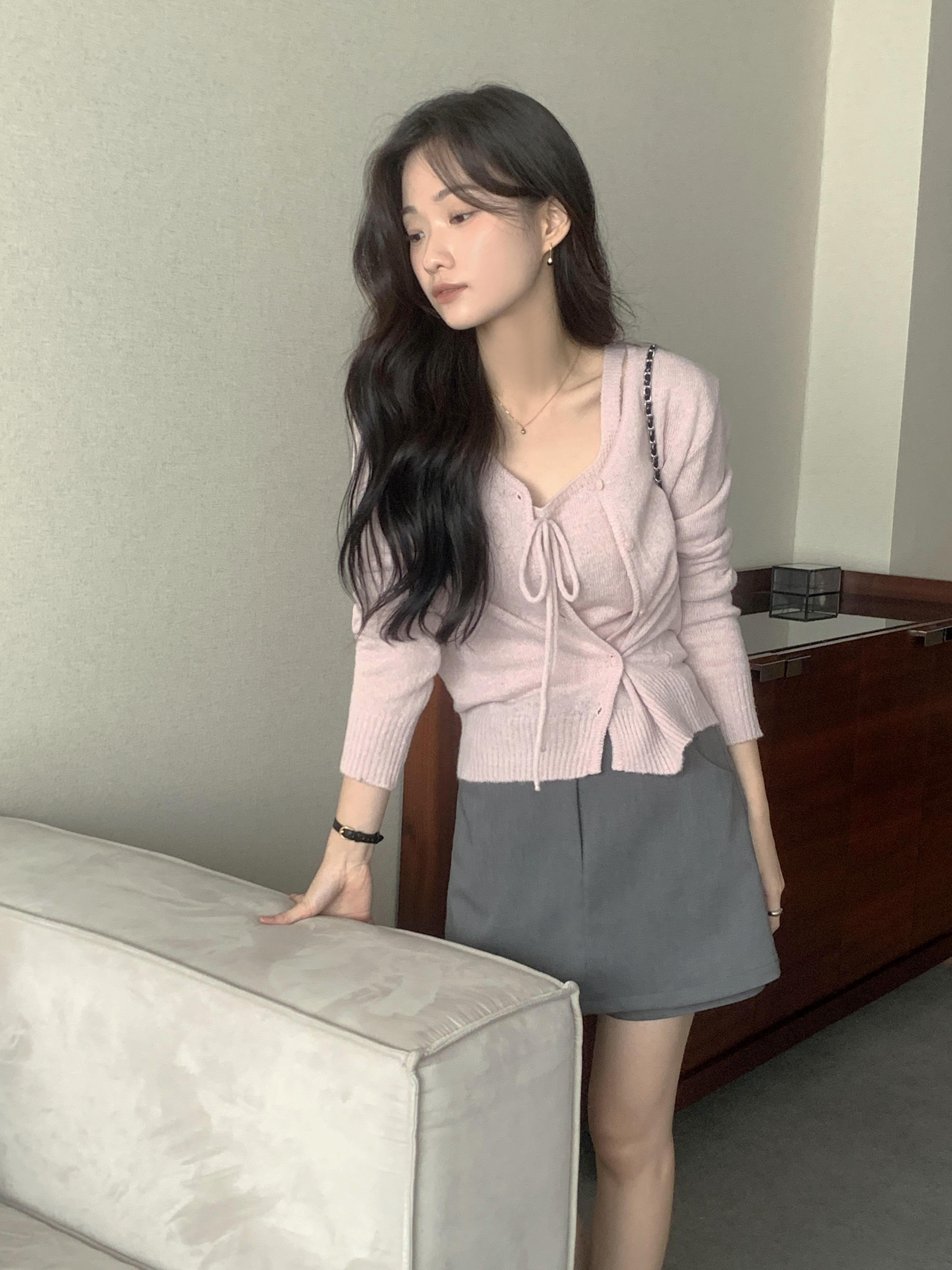 오버무드 봄 가을 간절기 나시 가디건 세트 투웨이 랩 리본 라인 니트 가디건 3color - 메인 이미지