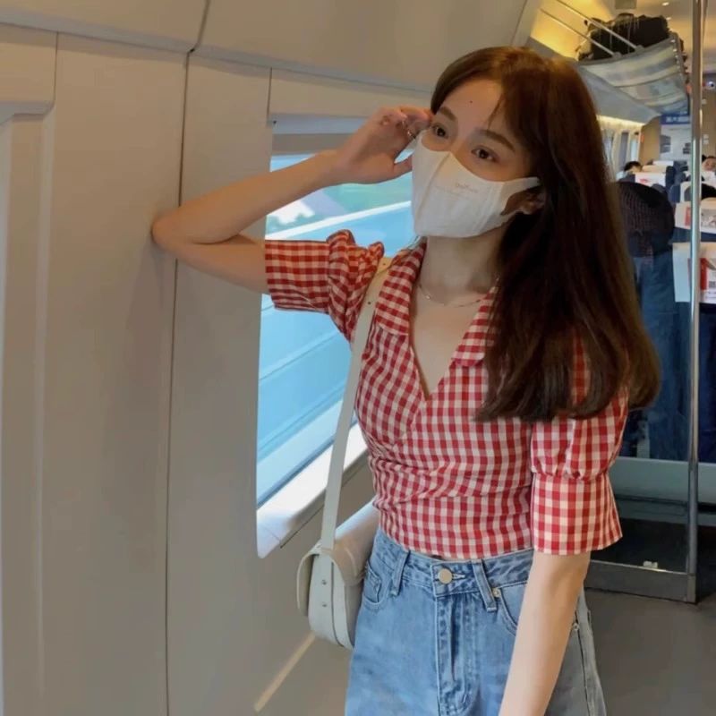 레드체크 와이셔츠 앤티크 셔츠 앤틱 반팔 여성 봄여름 여행룩 레드화이트체크 S - 상세 이미지 4