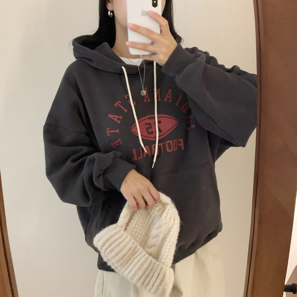 겨울 캐주얼 오버핏 풋볼 프린팅 레터링 여성 기모 후드티 박스티 여자 기모 맨투맨 티셔츠 - 상품 이미지