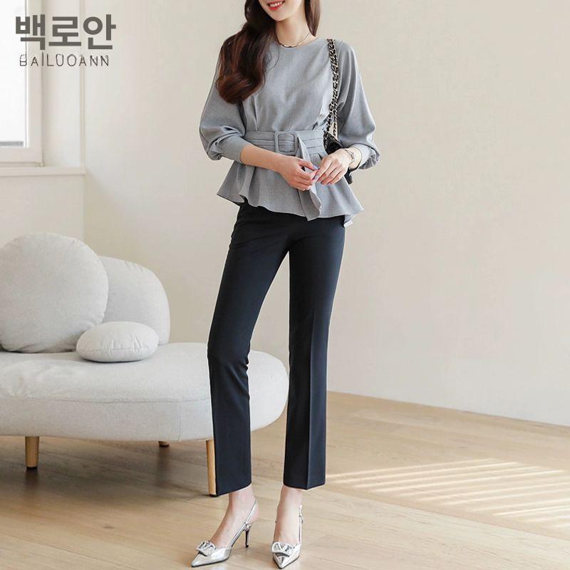 블라우스 스트링 프릴 핀턱 오프숄더 밴딩 플레어 넥프릴블라우스 그레이 S - 상세 이미지 3