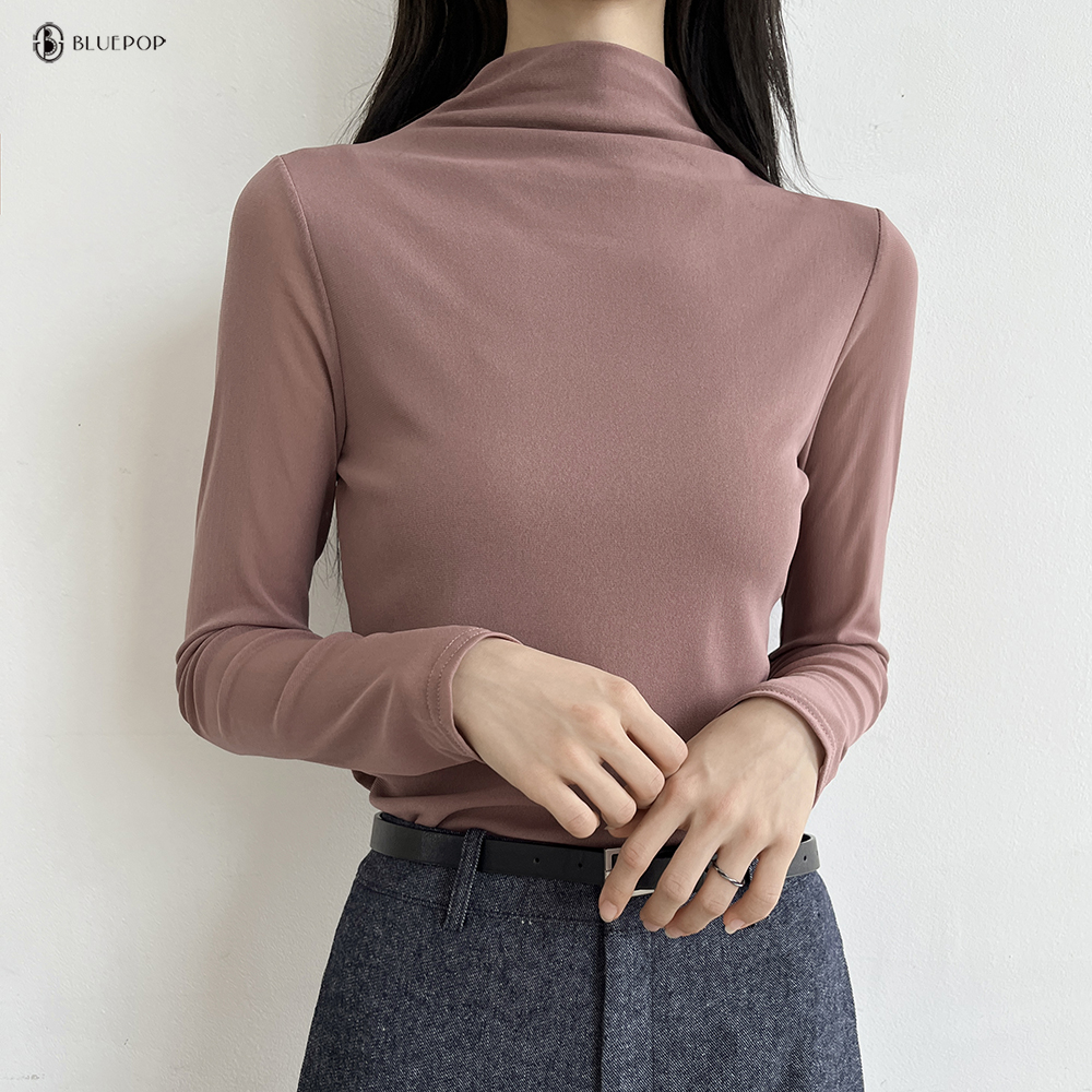 「12color」여리핏 보들 스판 슬림라인 두겹 시스루 반목 폴라 긴팔 티 화이트 - 상세 이미지 3