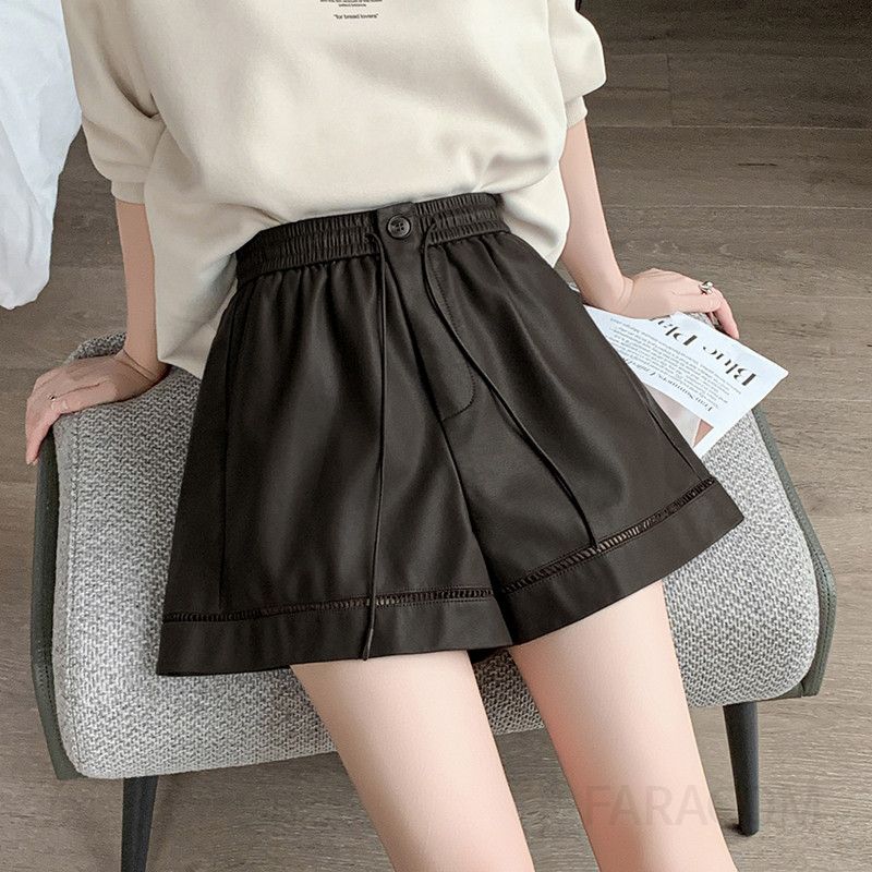 여성 하이웨스트 PU 가죽 반바지 여름용 시원한 착용감 데일리 와이드 레그 팬츠 캐주얼 스타일 편안한 외출용 팬츠 - 상품 이미지