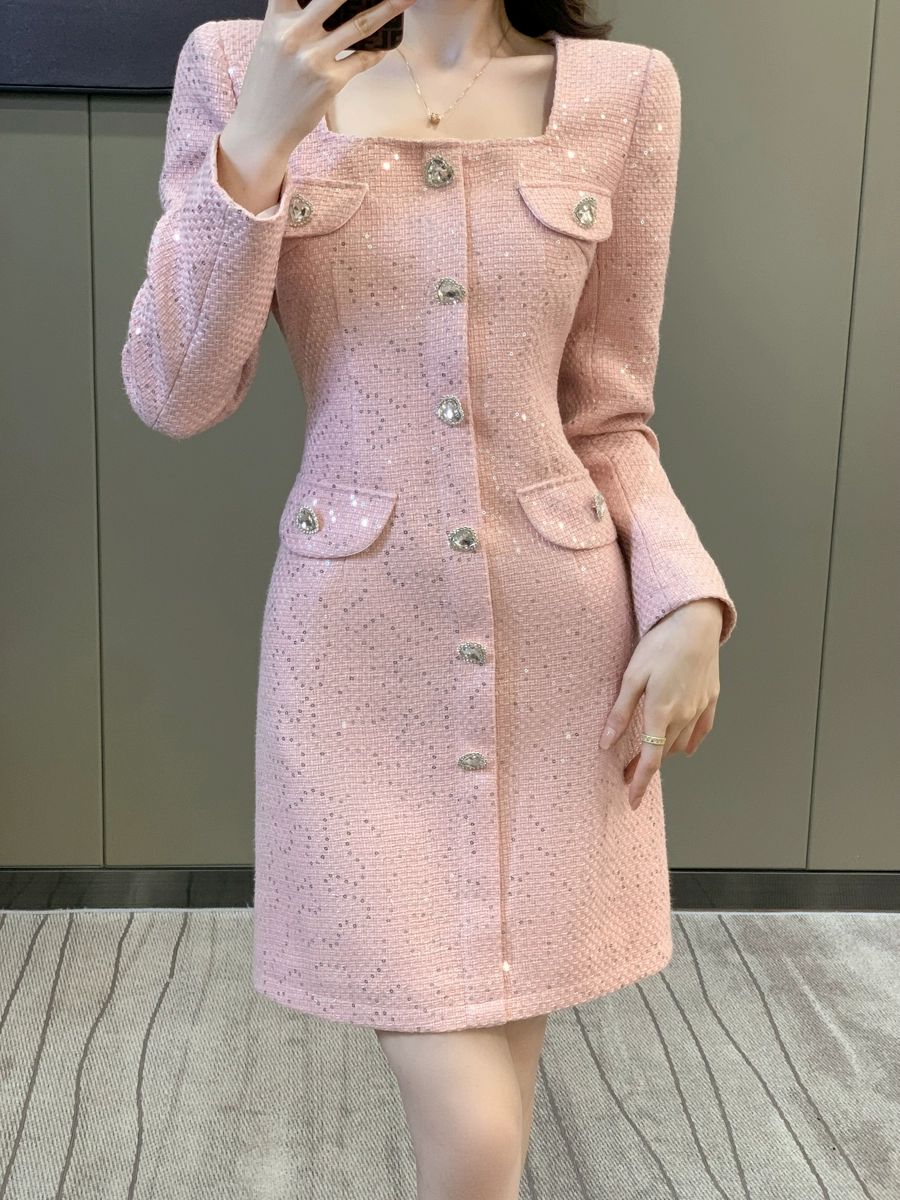 스퀘어넥 원피스 하객룩 트위드 상견례룩 핑크레드 S 42.5-50.0kg