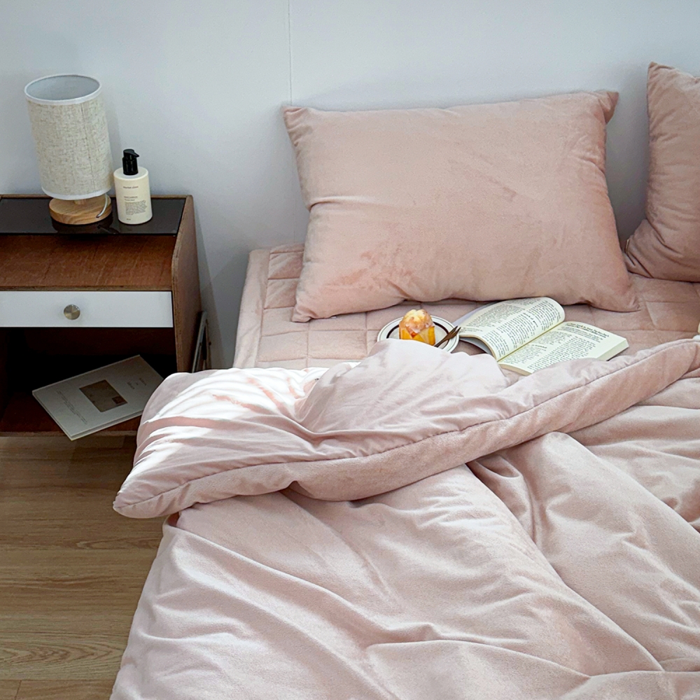 포근한 윈터테일 리버서블 겨울 밍크 극세사 옥수수솜 무봉제 차렵이불 세트 핑크 버니, SS패드세트(이불+베개커버+침대패드)