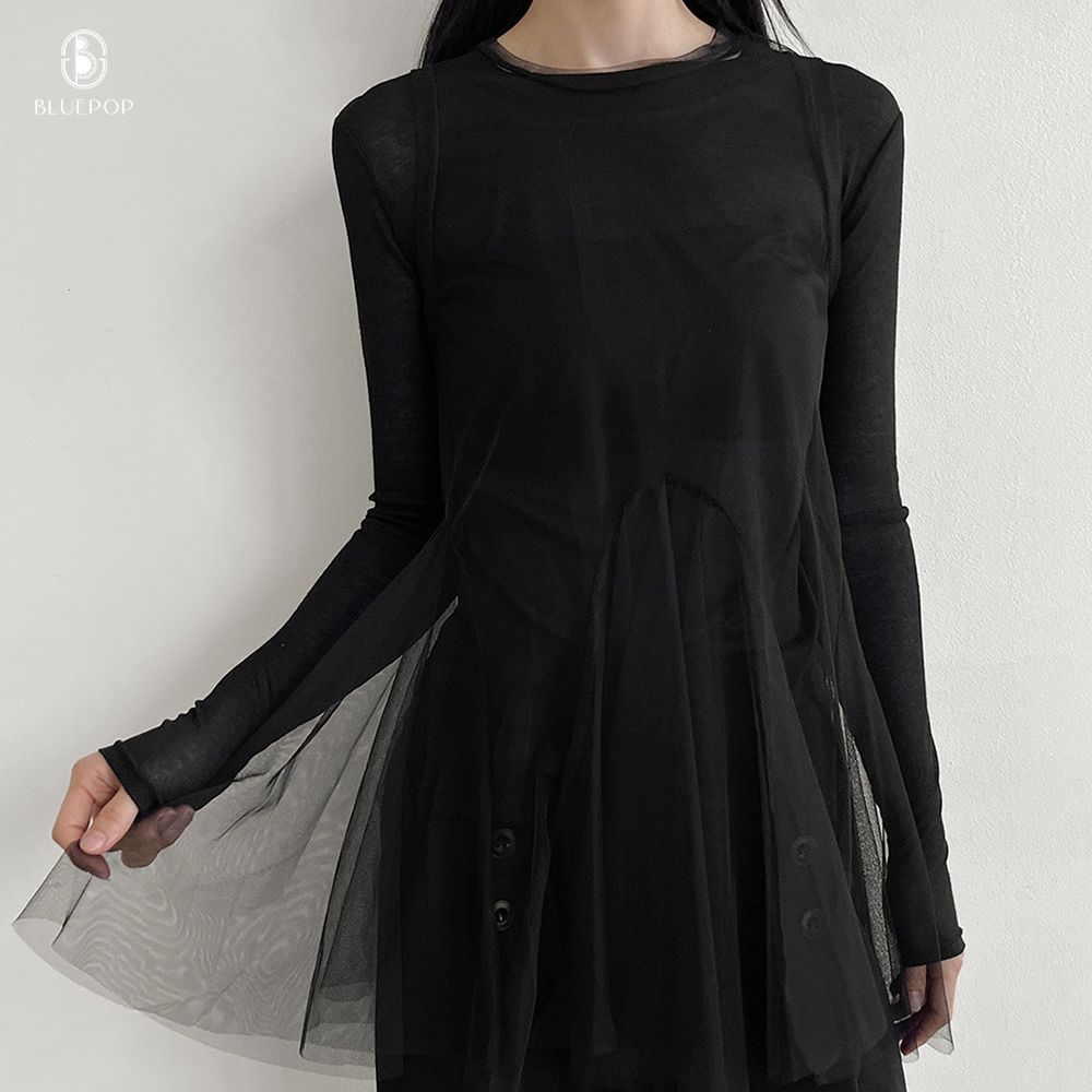 [3color]라운드넥 시스루 뷔스티에 레이어드 플레어 원피스 화이트 - 상세 이미지 2