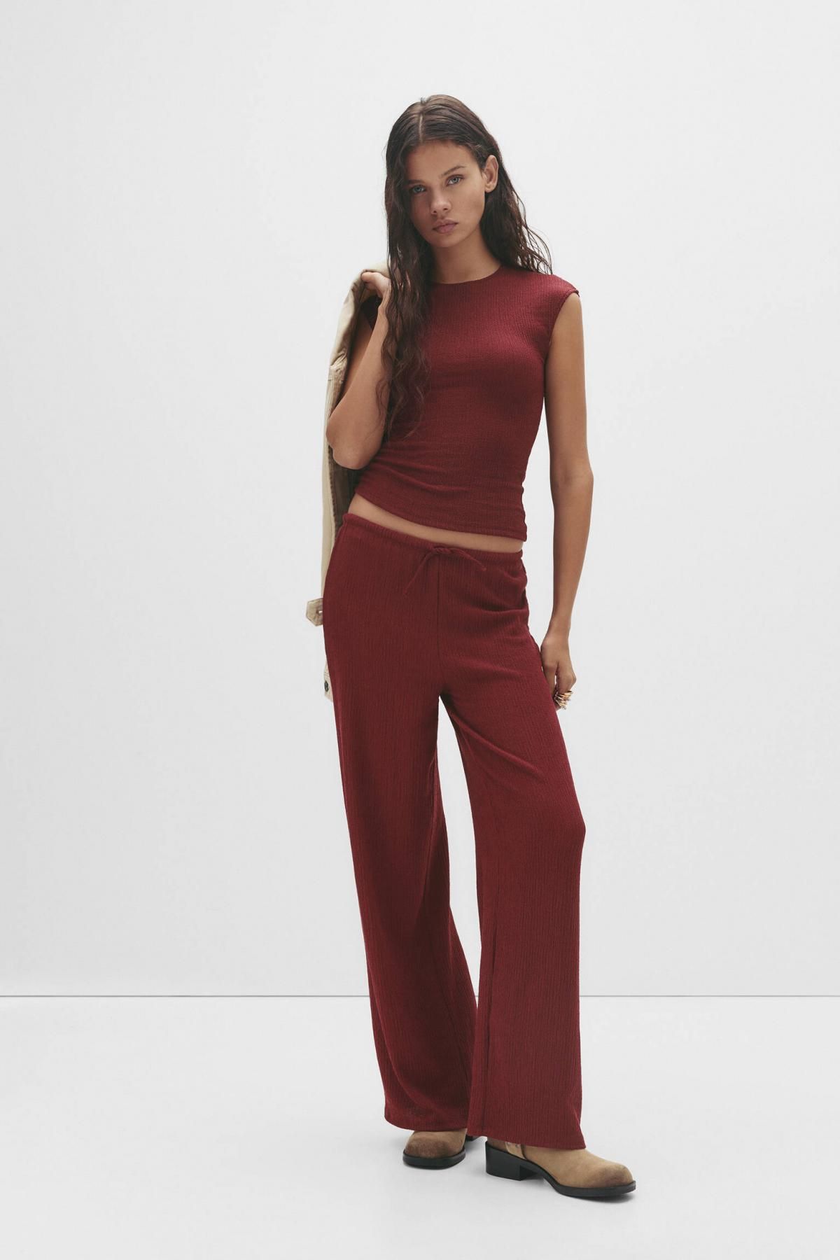 풀앤베어 버건디 비대칭 크레이프 반팔 탑 3248/304 BURGUNDY - 상세 이미지 4