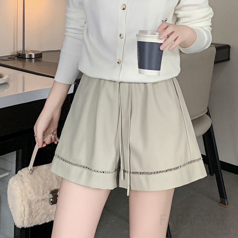 여성 하이웨스트 PU 가죽 반바지 여름용 시원한 착용감 데일리 와이드 레그 팬츠 캐주얼 스타일 편안한 외출용 팬츠 - 상세 이미지 2