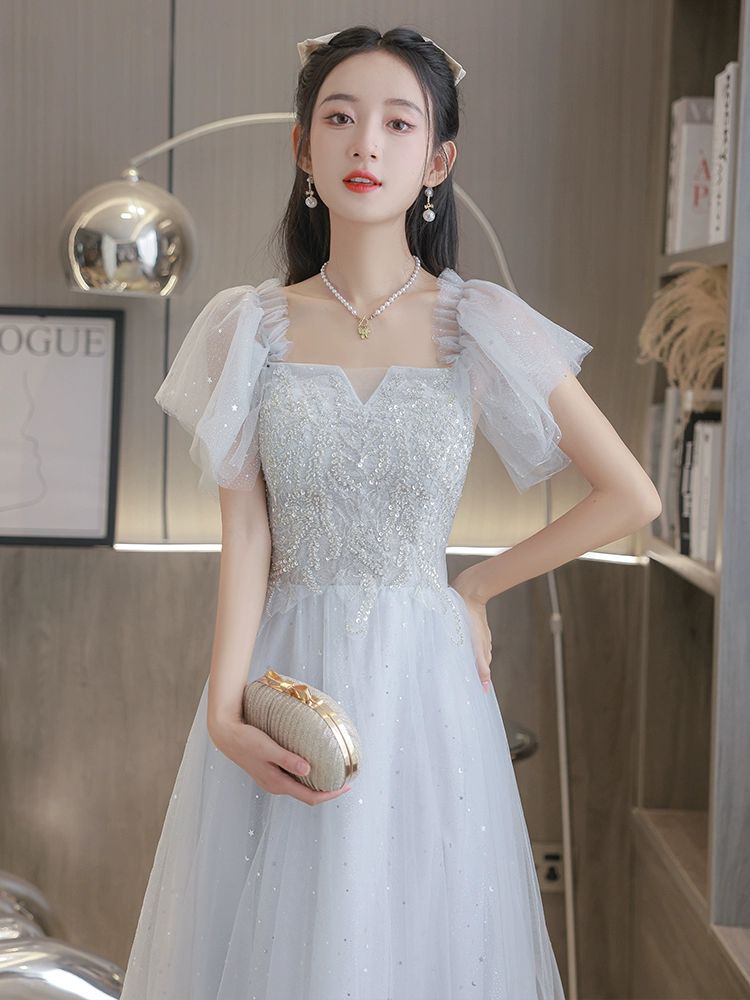 플러스사이즈돌맘드레스 연주회복 셀프웨딩 이브닝드레스 실버그레이 미디엄 8110 XS - 상품 이미지