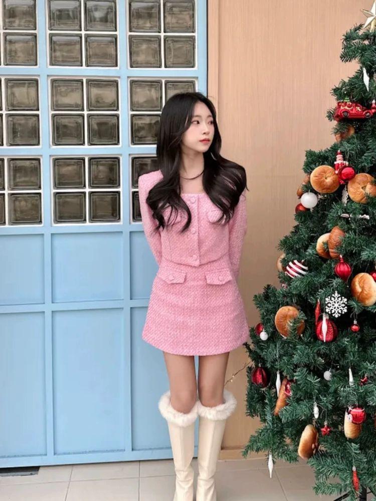핑크트위드셋업 스퀘어넥 트위드 크롭 자켓 하객룩투피스세트 핑크 S - 상세 이미지 3