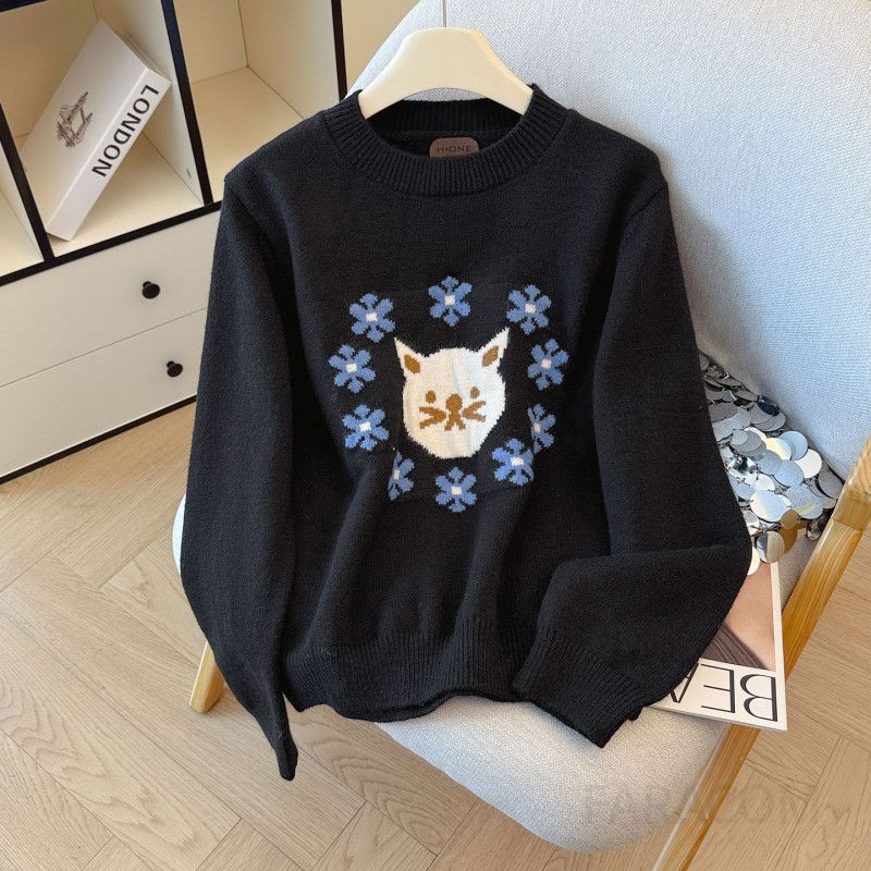 라운드넥 고양이 자카드 여성 니트 스웨터 귀여운 디자인 데일리룩 부드러운 착용감 봄가을용 상의 트렌디한 스타일 - 상세 이미지 3