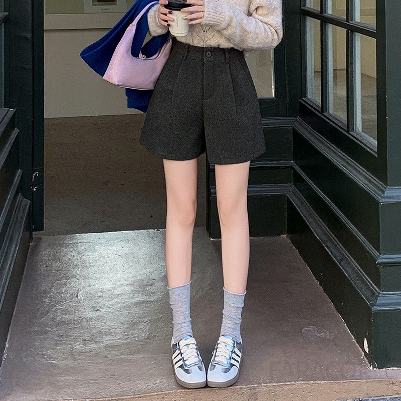 여성 울 하이웨이스트 와이드 숏팬츠 캐주얼 반바지 A라인 슬림핏 올매치 스타일 가을 데일리 착용감 좋은 모던한 디자인 - 상세 이미지 3