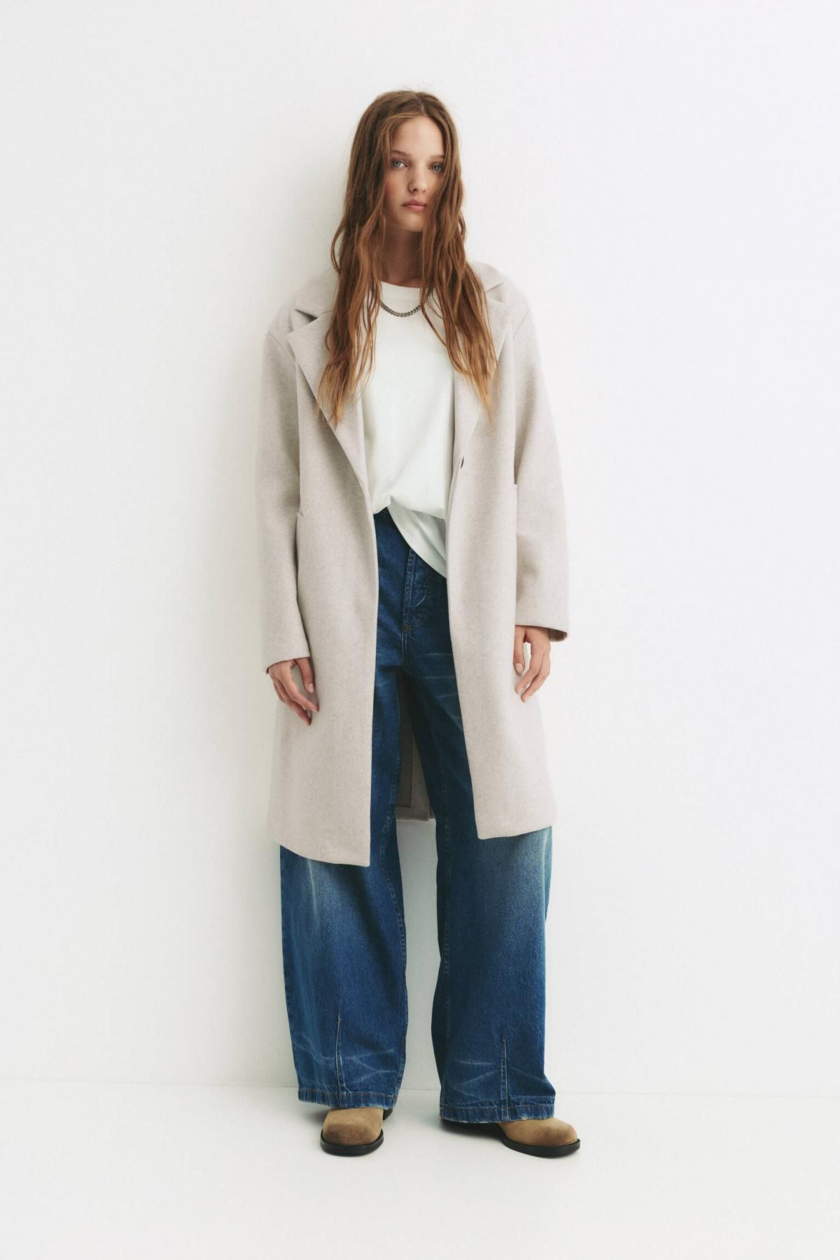 풀앤베어 미니멀 오버핏 펠트 텍스처 싱글버튼 롱 코트 7800/305 BEIGE MARL - 상세 이미지 2