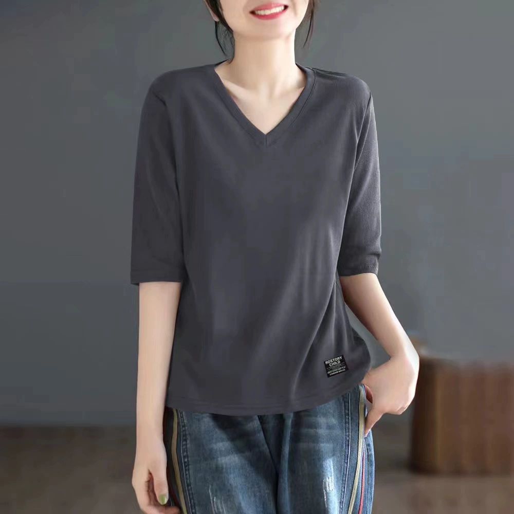 브이넥 패션 티셔츠 루즈핏 반팔 반팔티셔츠 여름 빅사이즈 기본 상의 블루 M - 상세 이미지 2