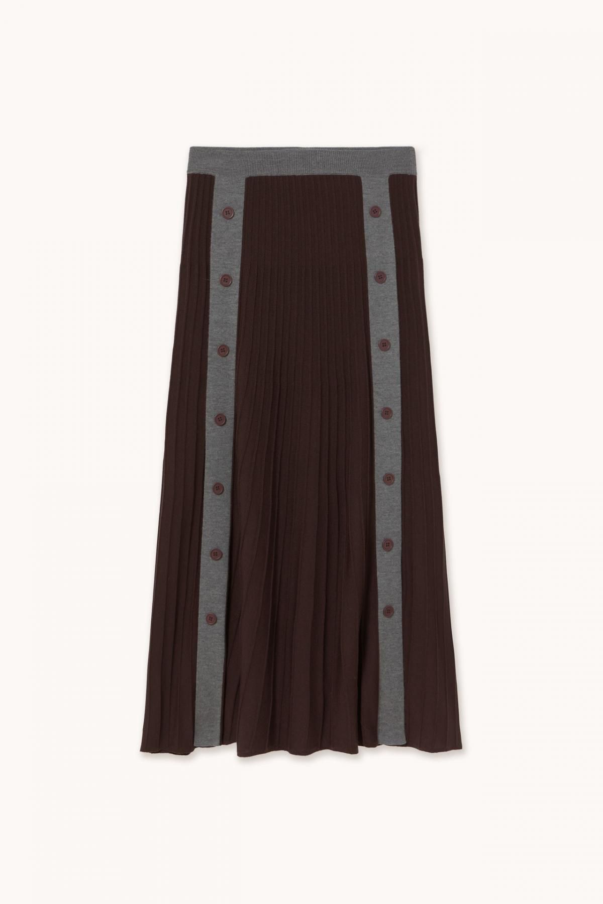타이니코튼 테크니컬 배색 버튼 다크브라운 미디 스커트 AW25-693M05 ONE COLOR - 상품 이미지