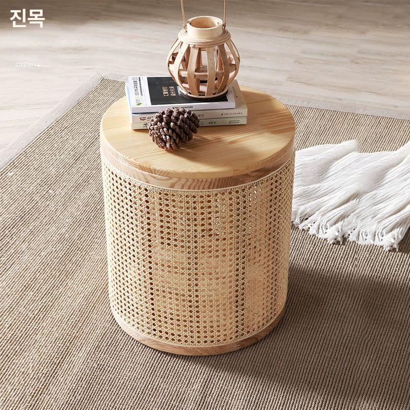 원형 라탄바구니 티테이블 거실 바스켓 인테리어 정리 가정용 바구니 보관 왕골 수납테이블 원목색 - 상세 이미지 3