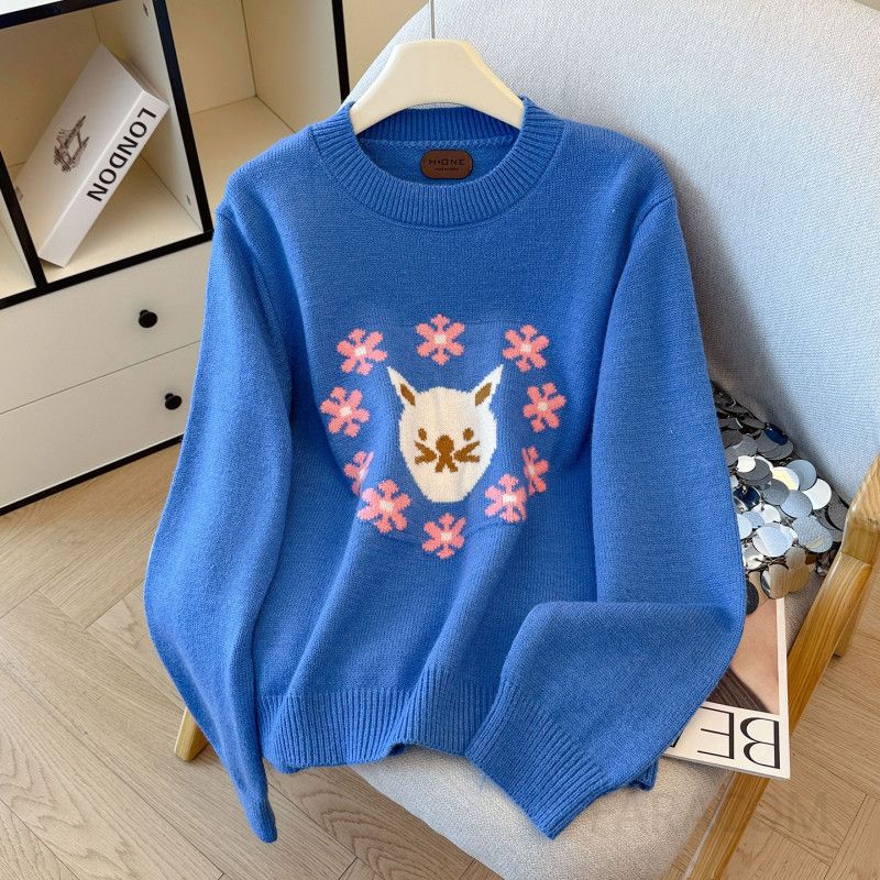 라운드넥 고양이 자카드 여성 니트 스웨터 귀여운 디자인 데일리룩 부드러운 착용감 봄가을용 상의 트렌디한 스타일 - 상세 이미지 4