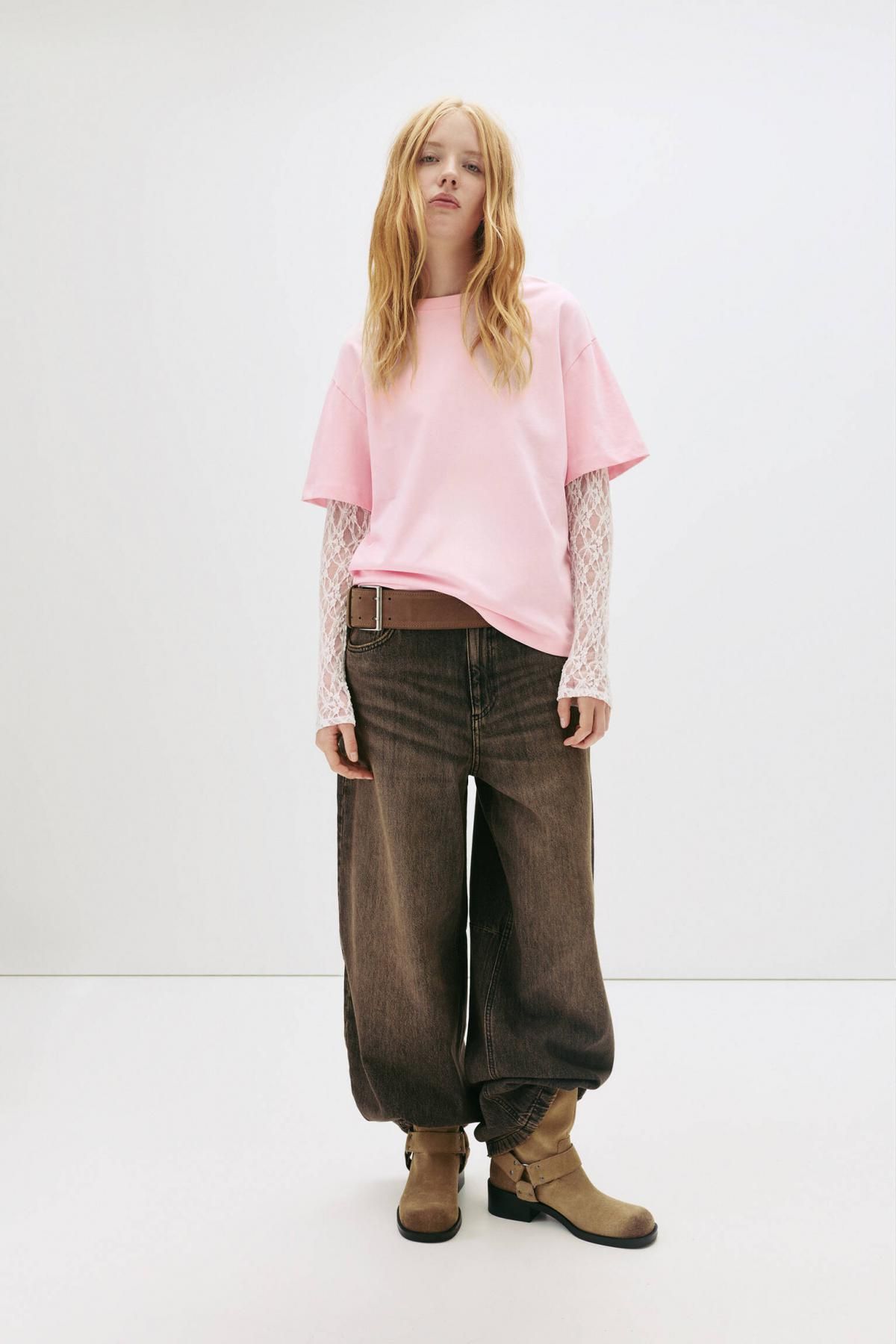 풀앤베어 레이스 레이어드 오버핏 라운드넥 긴팔 티셔츠 7151/390 PINK - 상세 이미지 4