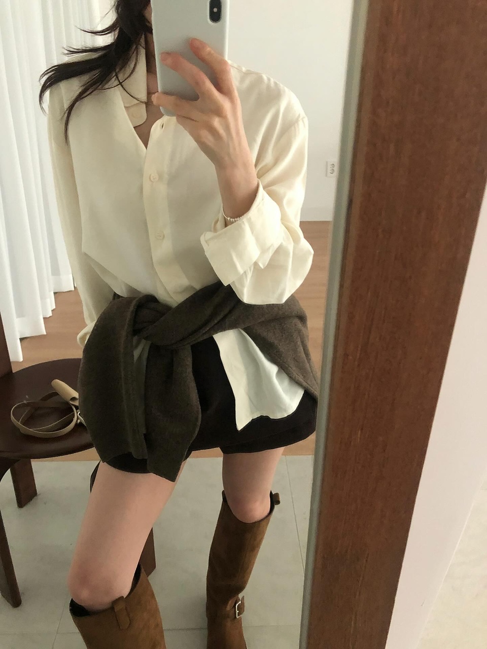 이던 여성 가을 카라 이너 레이어드 셔츠 - 상세 이미지 3