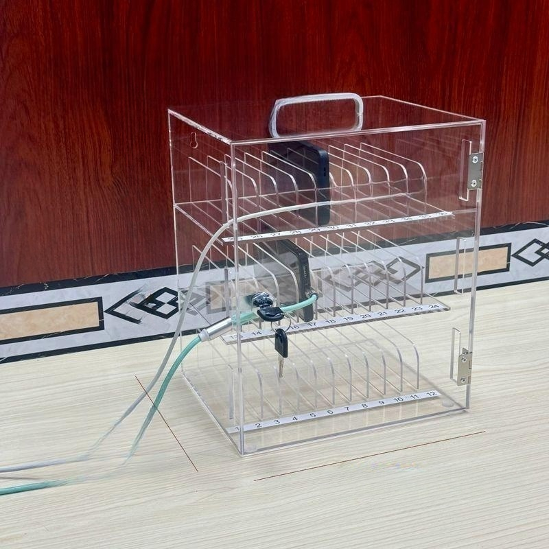핸드폰보관함 아크릴 투명 이동 군대 잠금 수거함 핸드폰 군부대 시험장 스마트폰 수거 현장 투명 3층 36칸 36대 휴대 가능 - 상품 이미지