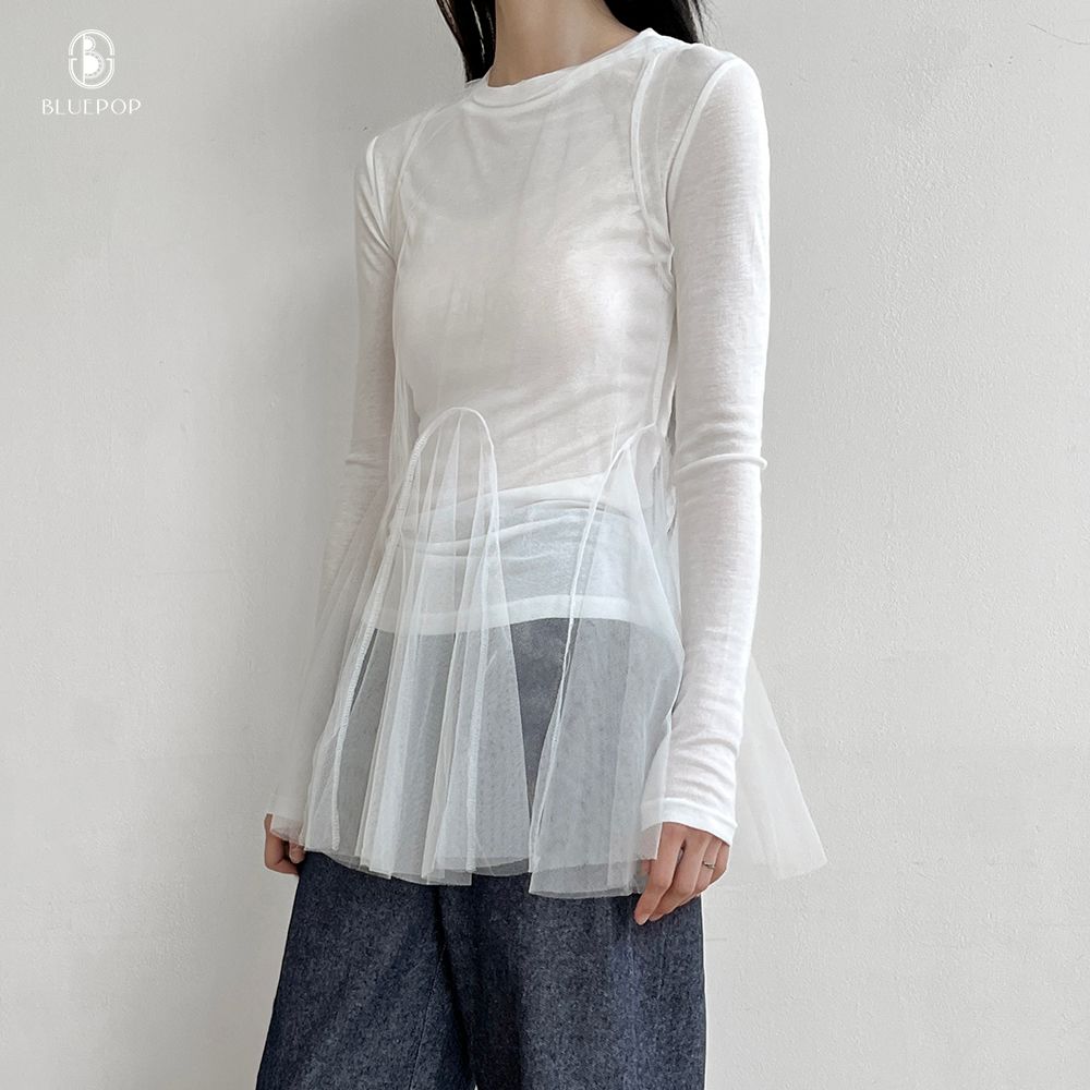 [3color]라운드넥 시스루 뷔스티에 레이어드 플레어 원피스 화이트 - 상세 이미지 3